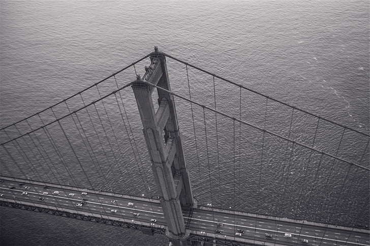 niveaux de gris, photo, complet, suspension, pont, Golden gate bridge, San francisco
