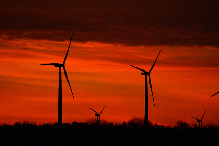 windräder, 太陽, 風力発電, 風力エネルギー, 雲, 日の出, 朝