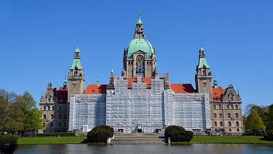 site, scaffold, new town hall hannover, construction work, architecture, renovation, scaffolding