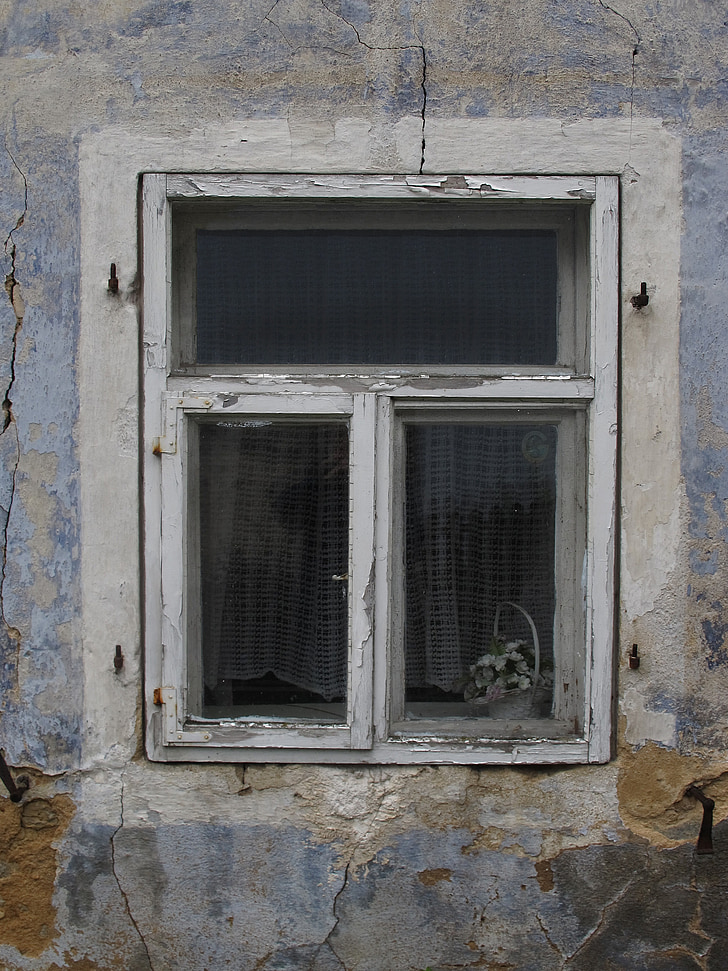 akna, vana aken, seina, vana, fassaad, päevinäinud, määrdunud