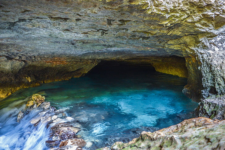 cave, body, water, daytime, blue, stream, rock