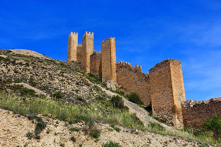 festning, Albarracin?, landsbyen, dalen, bygninger, fjell, naturskjønne