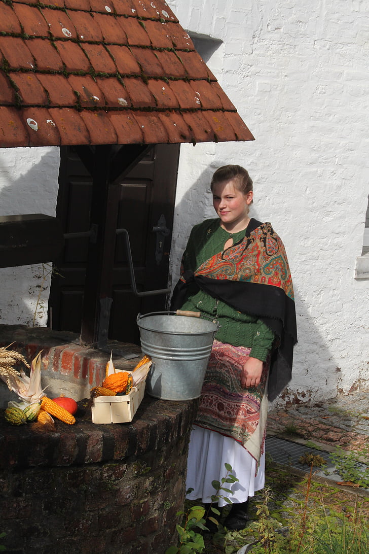 земеделски производител жена, фонтан, зеленчуци, Средновековие