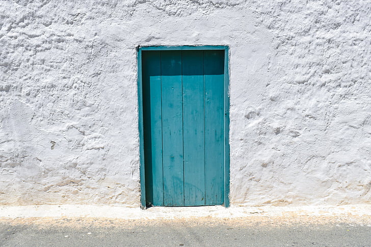 porta, de madeira, azul, entrada, casa, velho, parede