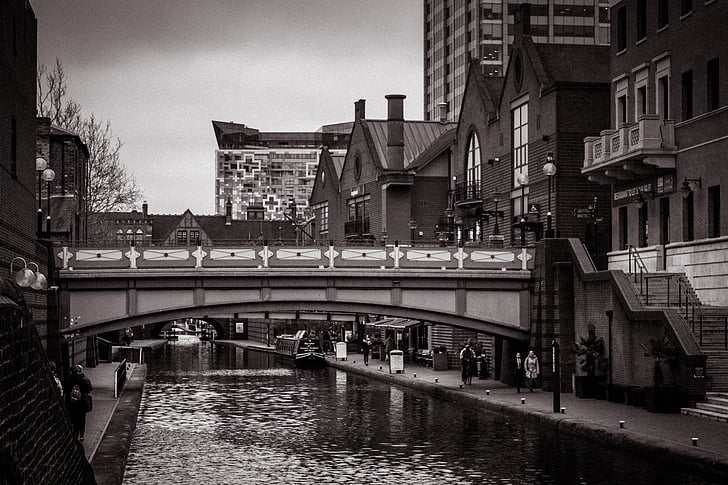 canales, Birmingham, Río, canal, puente, blanco y negro, canal