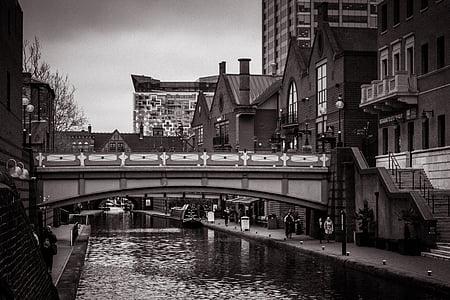 kanaler, Birmingham, elven, kanal, Bridge, svart-hvitt, kanalen