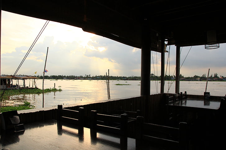 Waterfront, Pantai, Dermaga, matahari terbenam, Bangkok, di luar rumah, pemandangan