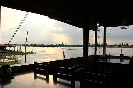 Waterfront, Wybrzeże, molo, zachód słońca, Bangkok, na zewnątrz, krajobraz