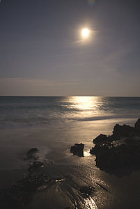 moon rise, ocean, beach, moon, sea, water, night