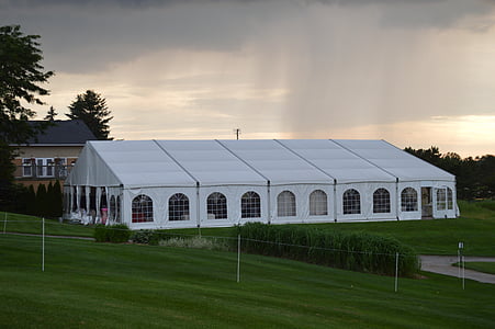 Pavilion, vihm, pilved, äike, õhtul, roheline, maal