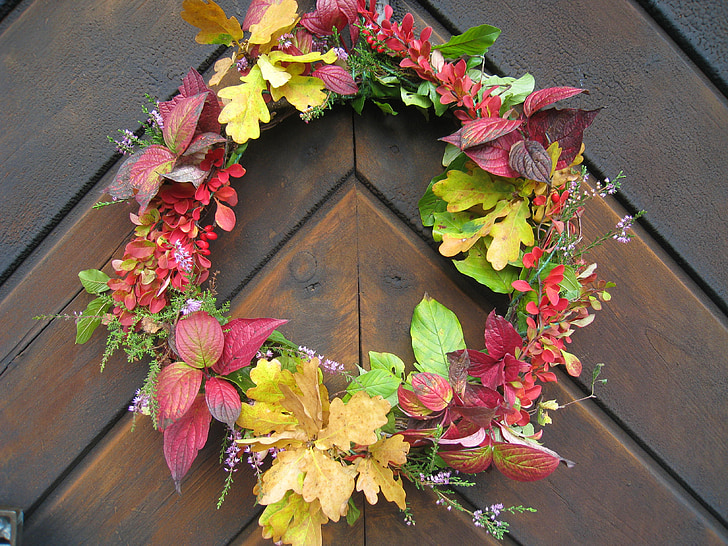 obruč, jesenje lišće, boje, vrata, aranžman