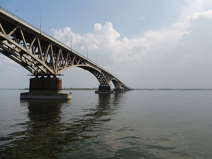 мост, Волга, Река, Россия, Саратов, небо, воды