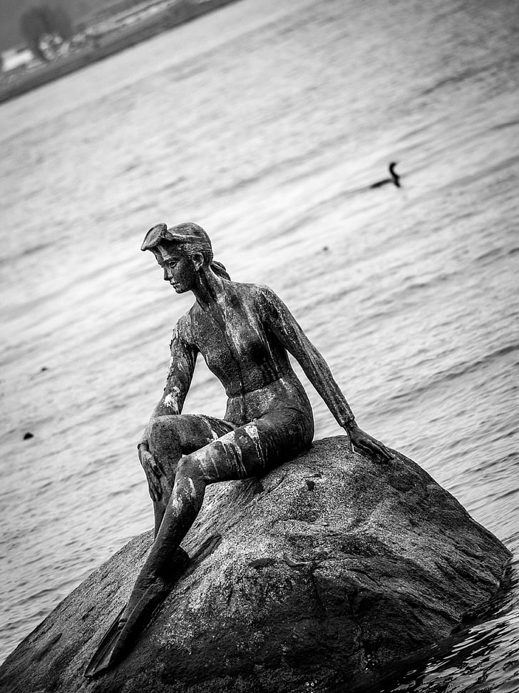 statue, water, black and white, harbor