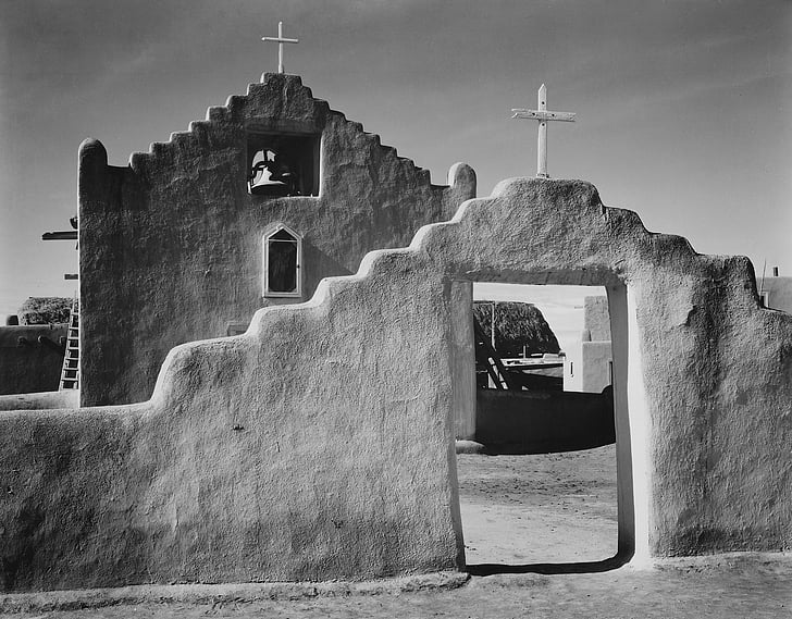 Adobe, Pueblo, oppdrag, arkitektur, bygge, svart-hvitt, Taos