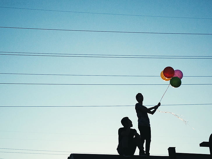 globus, aniversari, persones, silueta, cel, a l'exterior, l'amor