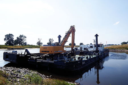 excavators, barges, river, barge, dredge the riverbed
