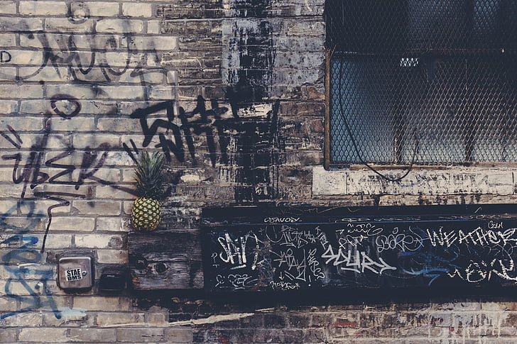maons, edifici, brut, fruita, graffiti, pinya, vandalisme