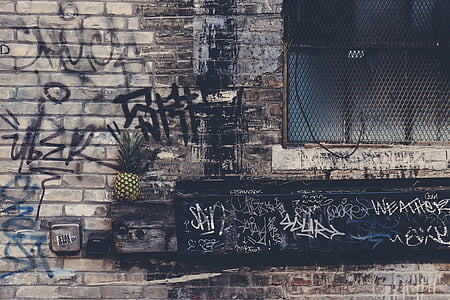 bakstenen, gebouw, vuile, fruit, graffiti, ananas, vandalisme
