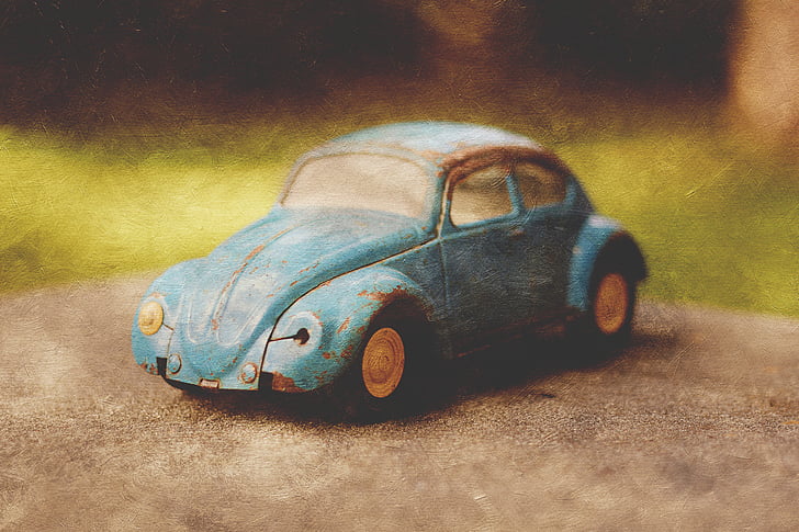 Vintage, speelgoed, auto, bug, kever, blauw, textuur