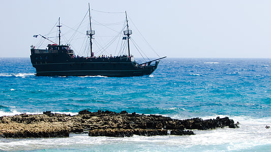 barco de cruzeiro, mar, Costa, Verão, Horizon, cenário, Chipre