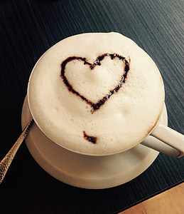 szív, kupa, cappuccino, szerelem, kávé, milchschaum, kávézó