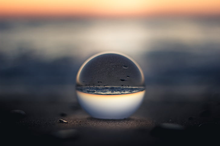 nature, water, glass, sphere, sunset, horizon, beach