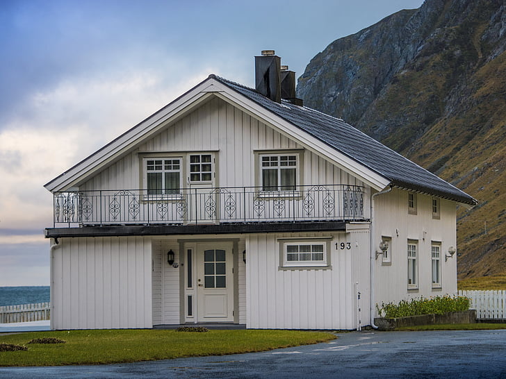 huset, Norge, Lofoten, hvit, arkitektur, konstruksjon, fasade