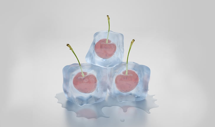jääkuubikuid, kirsid, külmutatud, sulatada, jää, külm, läbipaistev