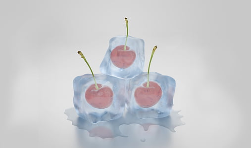 ice cubes, cherries, frozen, melt, ice, cold, transparent