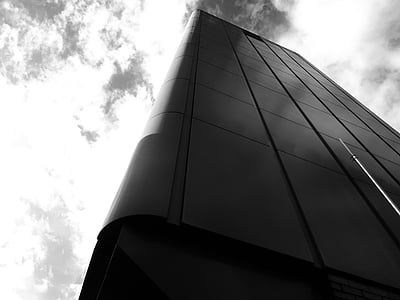 architecture, black and white, building, clouds, construction, futuristic, low angle shot