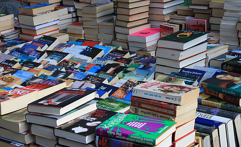 loppemarked, bøger, boks, Gennemse, Læs, titel, bogmarked