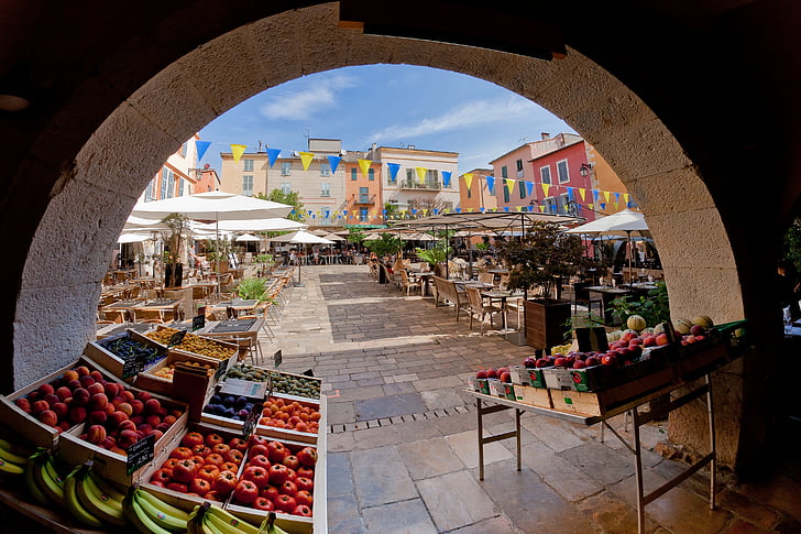 Γαλλία, αγορά, Plaza, εμπορεύματα, παράγει, λαχανικά, φρούτα