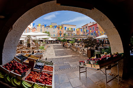 Prancis, pasar, Plaza, barang, menghasilkan, sayuran, buah