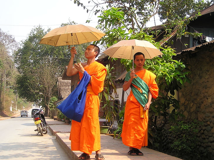 monaci, buddisti, arancio, parasole, protezione solare, Laos, Sud-est