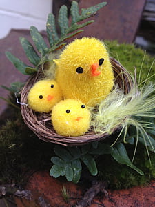 easter, chicks, toy, nest, cute, yellow, feather