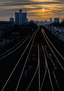 Kiev, ville, coucher de soleil, chemins de fer