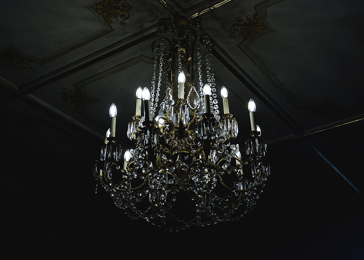 chandelier, dark, decoration, glass, illuminated, light, ceiling