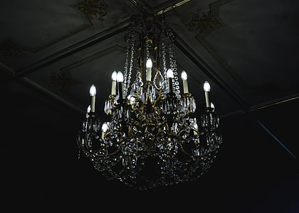 chandelier, dark, decoration, glass, illuminated, light, ceiling