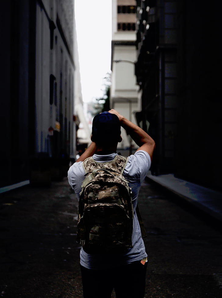 street, alley, people, man, guy, photographer, backpack