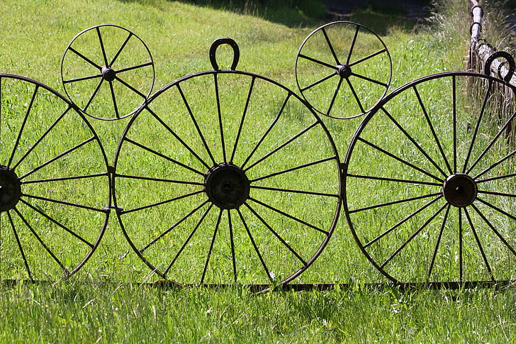 wagon wheel, metal, iron, wheel, old, rustic, goal