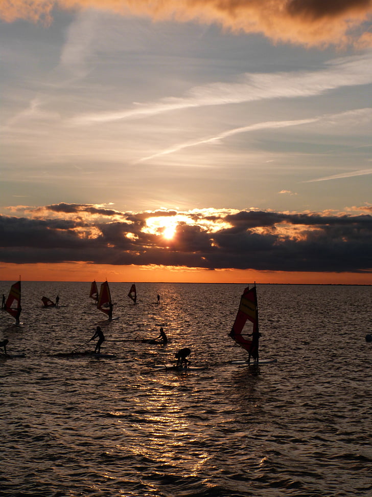 surf, surf school, baltic sea, water, sea, clouds, sunset