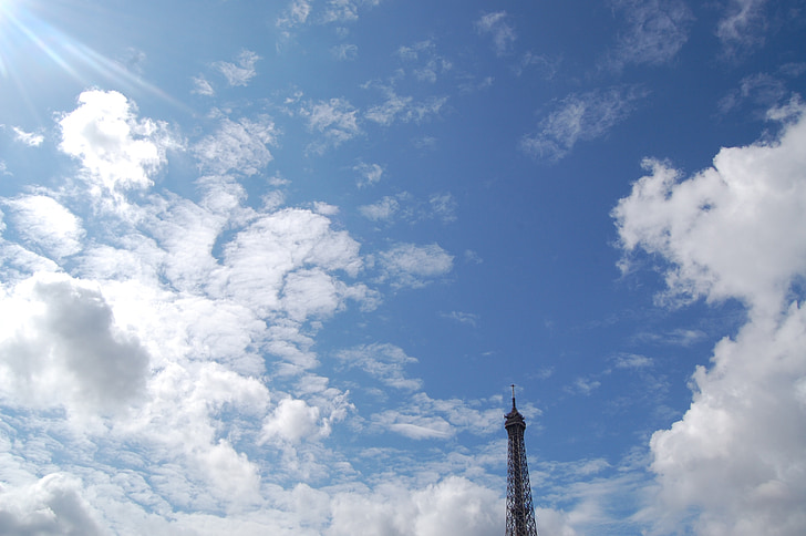 Eiffelov toranj, vrh, točka, nebo, oblaci, plava, Pariz