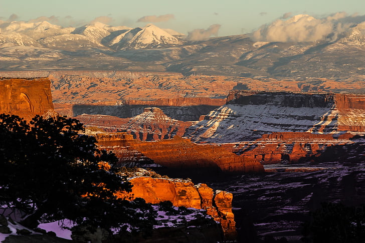 zonsondergang, landschap, Panorama, rotsen, stenen, sneeuw, winter