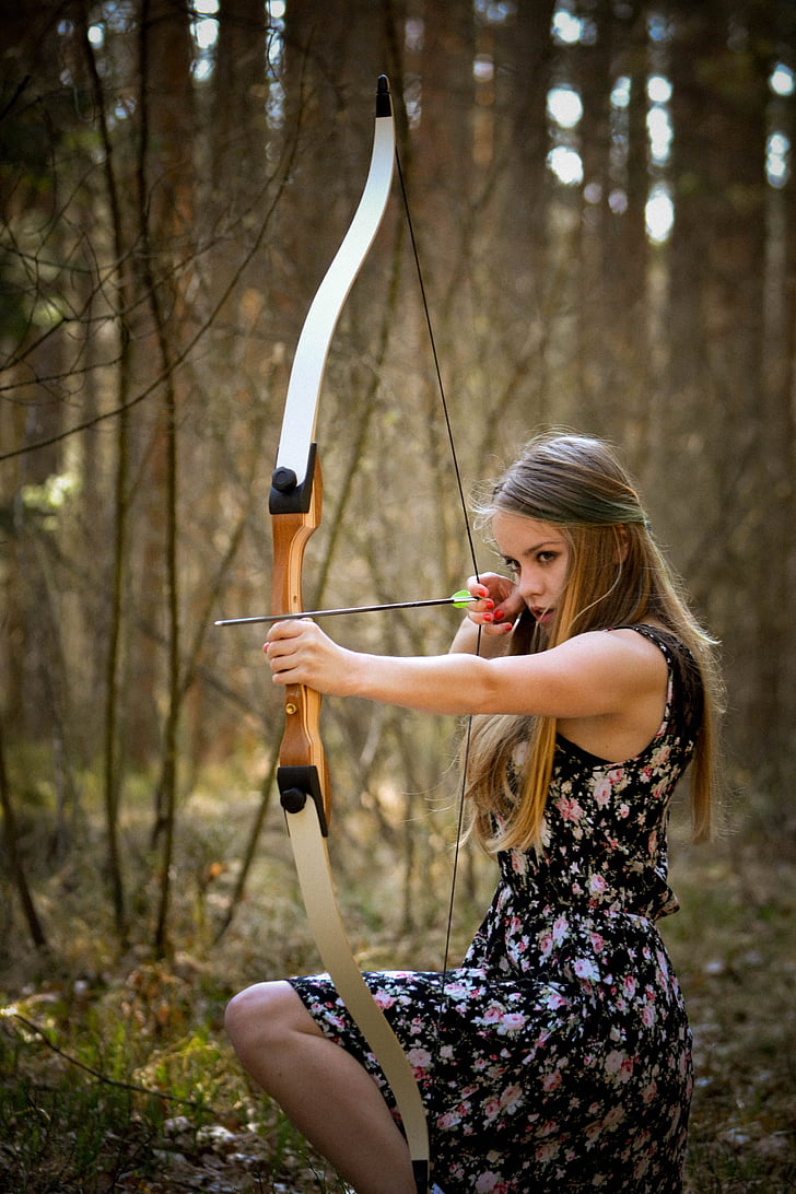 forest, bow, lady, beauty, young, woman, girl