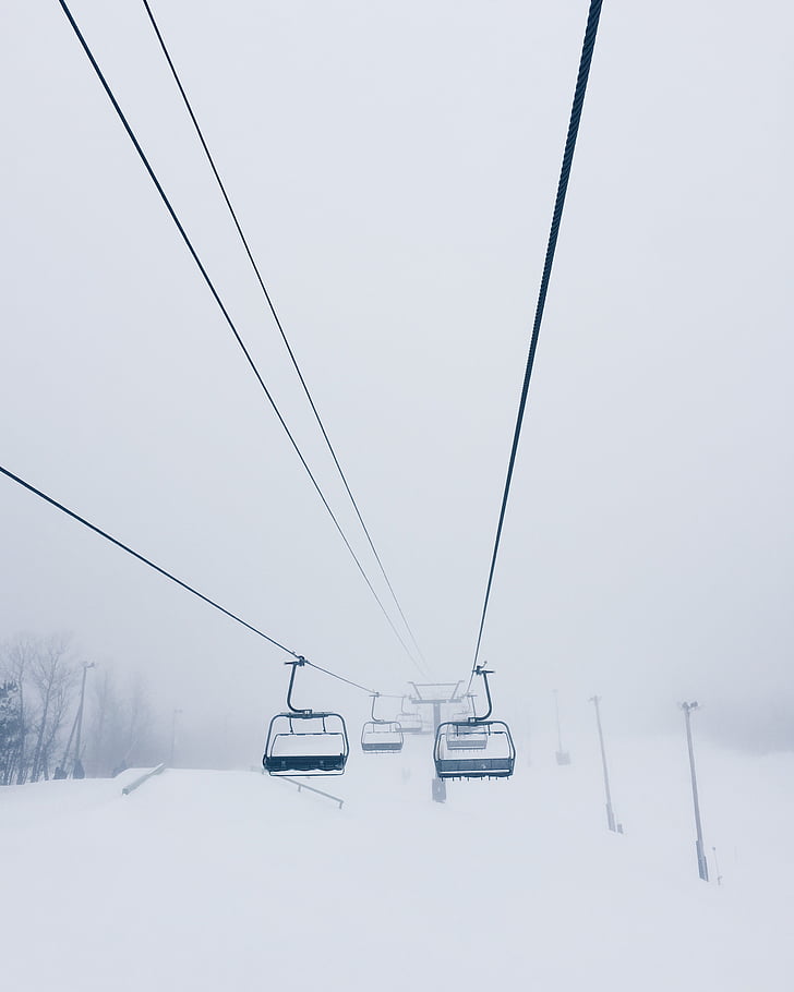 black, cable, cars, near, trees, fogs, snow