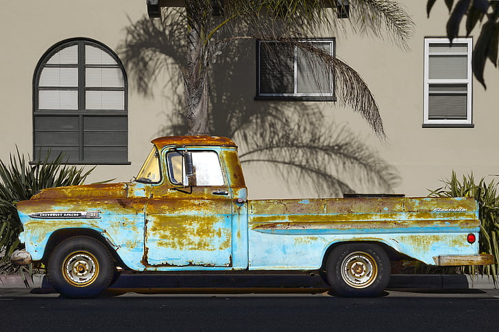 samochód ciężarowy, pick-up, zardzewiały, 1959 chevy apache