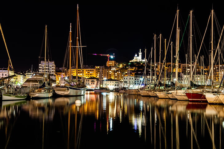 marina, reflection, boats, sailboats, water, night, pier