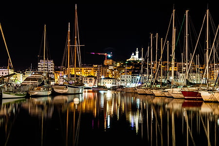 Marina, réflexion, bateaux, bateaux à voiles, eau, nuit, Pier