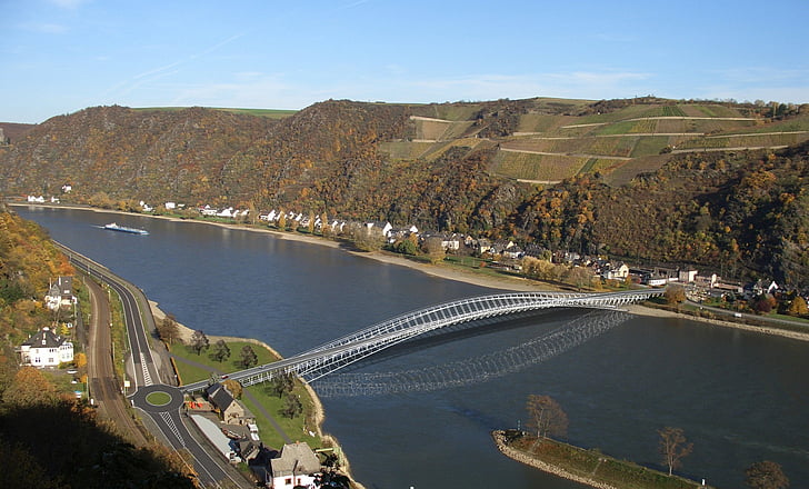 мост, среден Рейн мост, среден Рейн, Германия, Рейн, река, Въздушна снимка