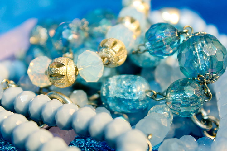 smykker, perler, blå, glas, halskæde, baggrund, kæde